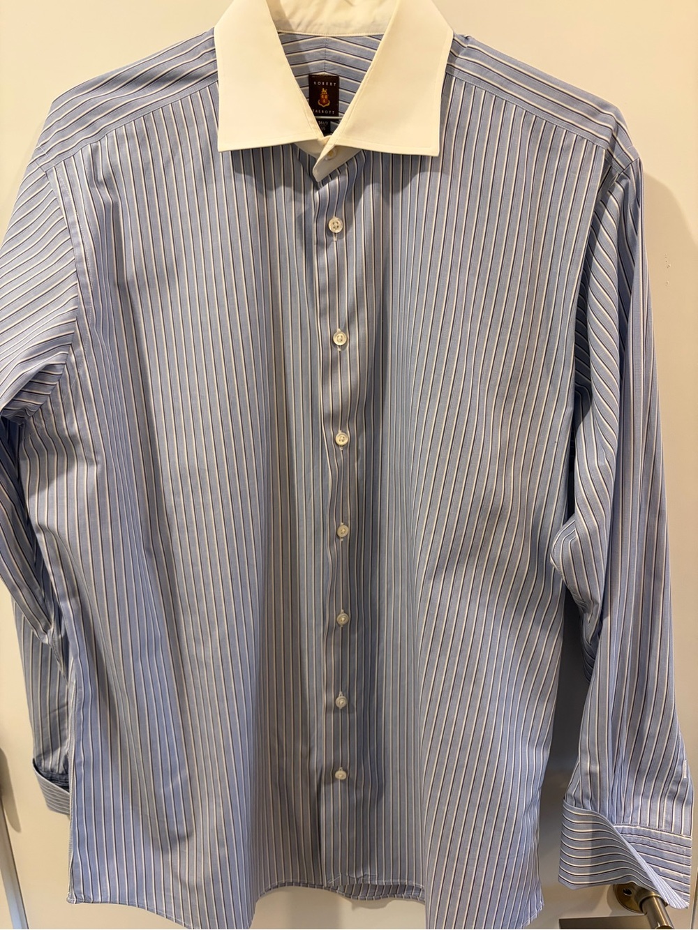 Men's French Cuff Blue Stripe Dress Shirt with White Collar